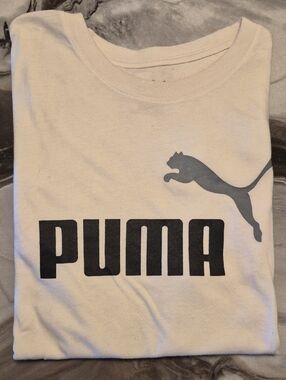 Puma White Tee with Black Logo and Gray Cat Graphic